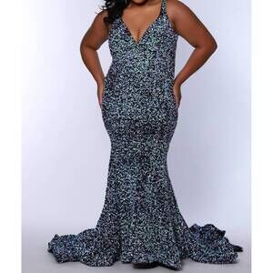 NEW SYDNEY'S CLOSET v-neck velvet sequin evening dress in cosmic